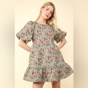 Floral Jacquard Puff Sleeve Dress